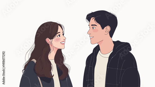 A digital illustration depicting a young couple, a man and a woman, rendered in a soft, pastel color palette.  The style is reminiscent of anime or cartoon art