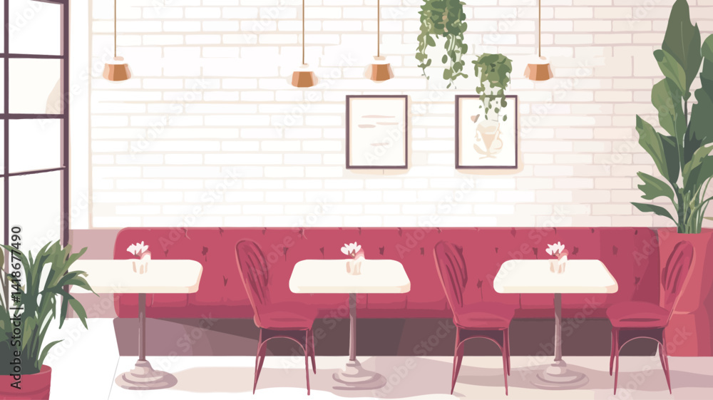 The image showcases a stylized vector illustration of a modern cafe interior. The color palette is predominantly composed of soft pinks and whites, creating a clean and airy atmosphere The image showcases a stylized vector illustration of a modern cafe interior. The color palette is predominantly composed of soft pinks and whites, creating a clean and airy atmosphere