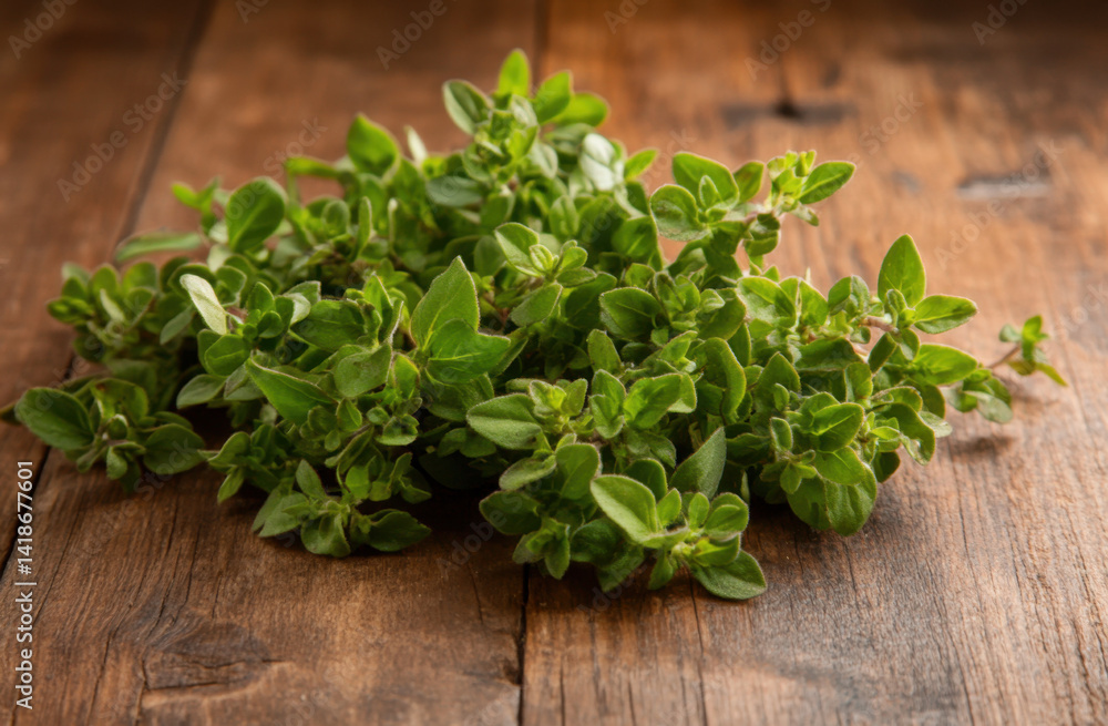 Fresh oregano bunch on rustic wooden table Fresh oregano bunch on rustic wooden table