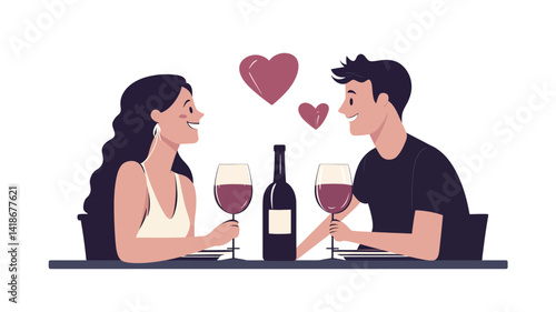 A digital illustration depicting a young couple on a romantic dinner date.  The style is flat vector, characterized by clean lines and solid color blocks.
