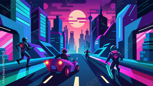 Obraz na płótnie Speeding through a neonlit metropolis competing against robots and cyborgs in a futuristic cyberpunk world.. Vector illustration w salonie