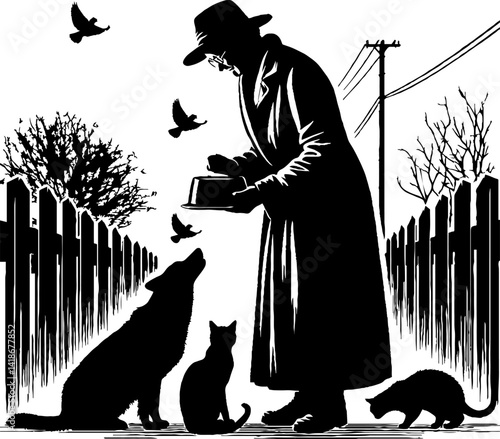 elderly woman feeding animals in a rural setting, monochrome style  