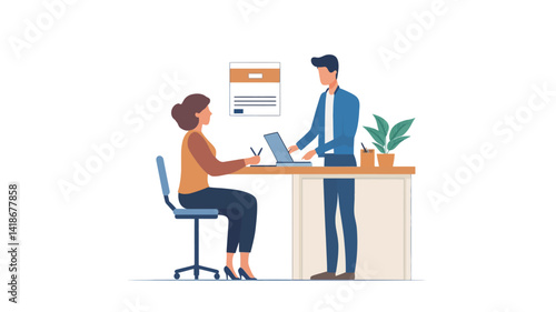 The illustration showcases a minimalist vector graphic depicting a job interview scene.  Two figures, a male interviewer and a female applicant, are rendered in flat design with clean lines and