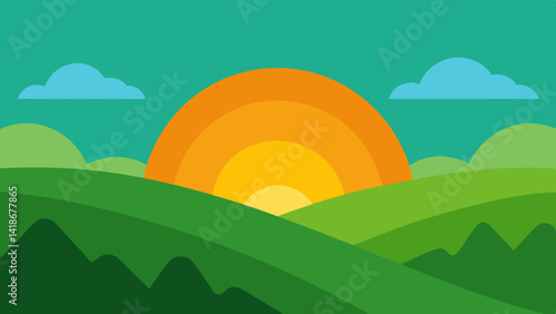 Sunrise View of Rolling Green Hills and Meadows