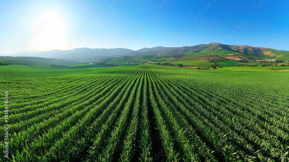 Expansive Green Field with Rows of Crops under Clear Blue Sky Expansive Green Field with Rows of Crops under Clear Blue Sky