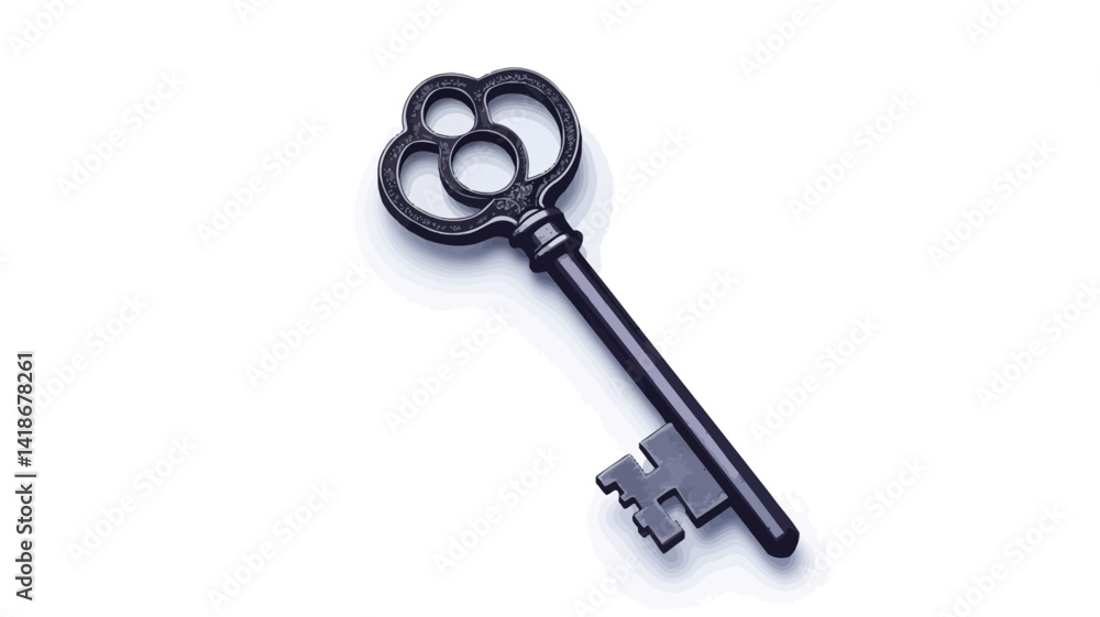 High-resolution close-up image of a single antique skeleton key presented against a stark white background. The key is rendered in a dark greyish-blue hue High-resolution close-up image of a single antique skeleton key presented against a stark white background. The key is rendered in a dark greyish-blue hue