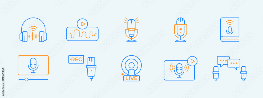 Podcast icon set. Podcast vector icon concept. Podcast symbols outline vector line icons. Podcast icon set. Podcast vector icon concept. Podcast symbols outline vector line icons.