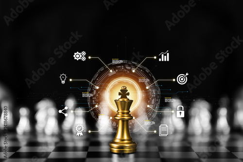 Fotografie King chess standing on chess board with business strategy plan icons for leadership or wining challenge and team player and risk management or human resource or strategic planning