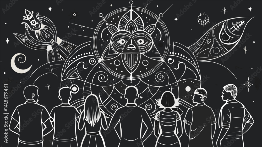 Community members stop in their tracks to admire the intricate details and powerful messages behind each chalk creation unknowingly being touched by. Vector illustration