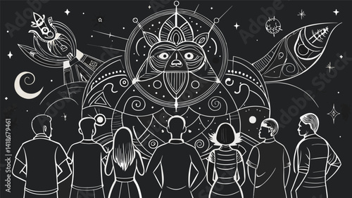 Obraz na płótnie Community members stop in their tracks to admire the intricate details and powerful messages behind each chalk creation unknowingly being touched by. Vector illustration w salonie