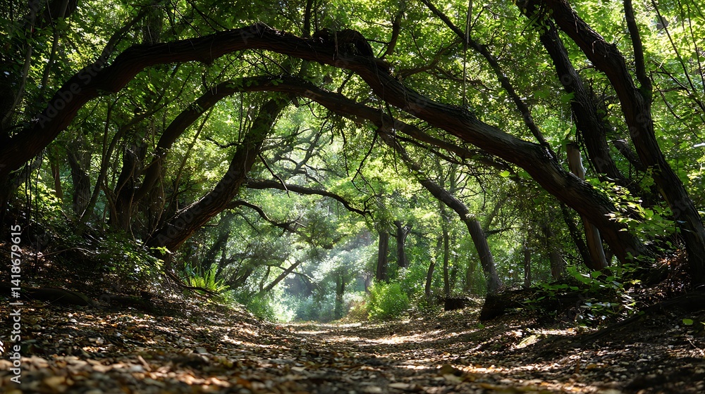 Obraz premium Lush forest path. Sunlight filters through the trees