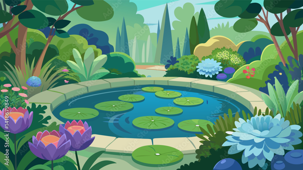 A serene garden pond is surrounded by a variety of luscious plants and flowers including water lilies hydrangeas and irises. The peaceful sound of. Vector illustration