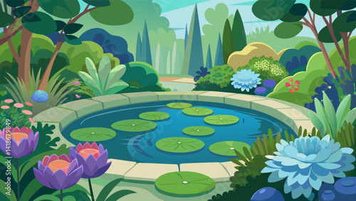 Obraz na płótnie A serene garden pond is surrounded by a variety of luscious plants and flowers including water lilies hydrangeas and irises. The peaceful sound of. Vector illustration w salonie