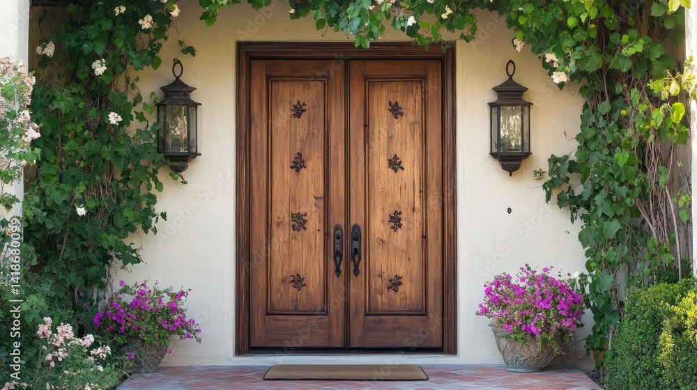 Beautiful front door in a Mediterranean home, framed by blooming vines and old-world lanterns Beautiful front door in a Mediterranean home, framed by blooming vines and old-world lanterns
