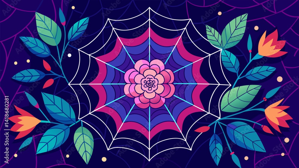 A vibrant tapestry woven from silky threads of spiderwebs embellished with delicate blooms creating a shimmering and ethereal piece of art.. Vector illustration