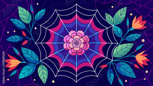 Obraz na płótnie A vibrant tapestry woven from silky threads of spiderwebs embellished with delicate blooms creating a shimmering and ethereal piece of art.. Vector illustration w salonie