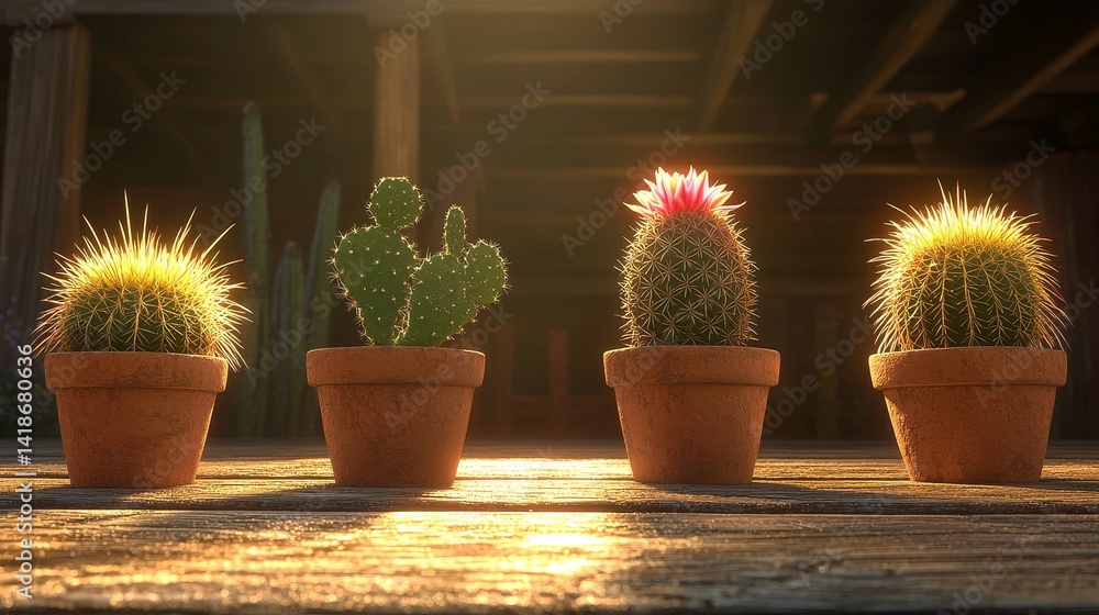 Rustic Cactus Collection in Wooden Background with Warm Natural Lighting Rustic Cactus Collection in Wooden Background with Warm Natural Lighting