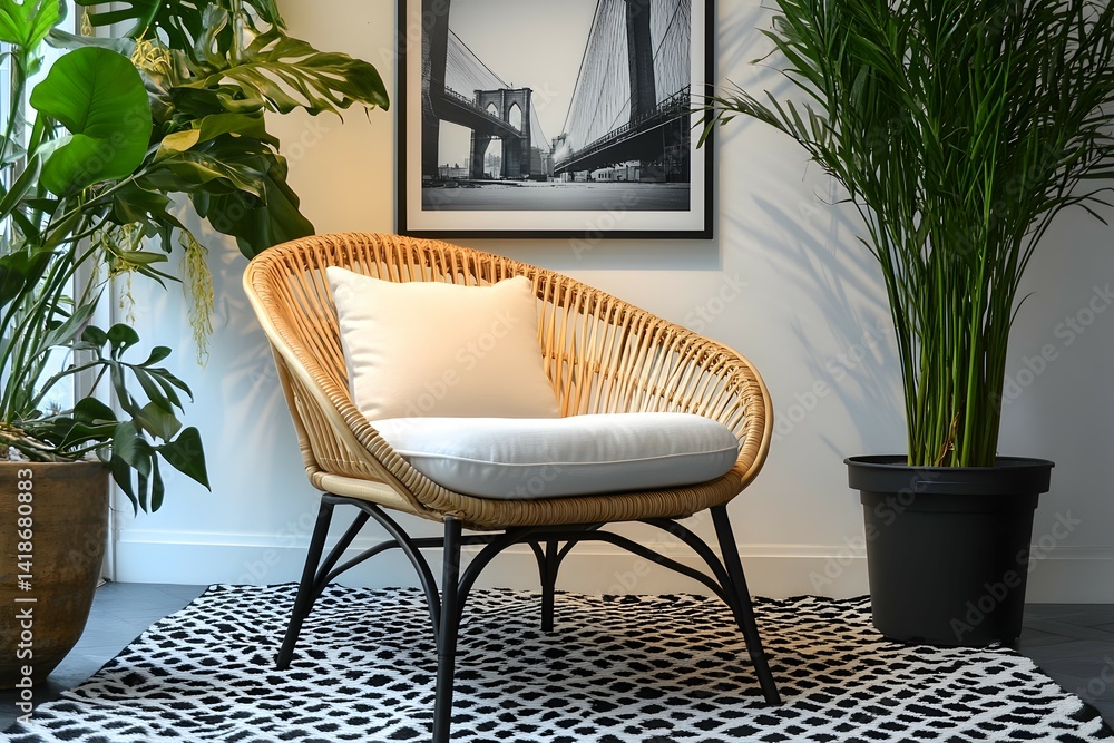Wicker Chair with Cushion, Interior Decor with Indoor Plants, Black and White Rug Wicker Chair with Cushion, Interior Decor with Indoor Plants, Black and White Rug