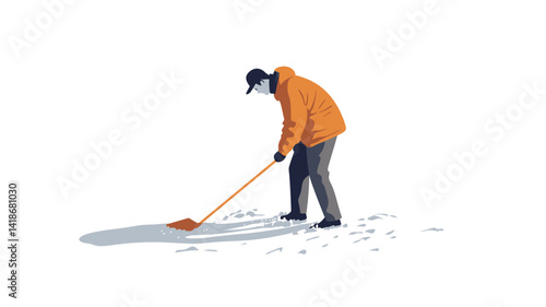 A digitally rendered illustration depicting a man in an orange jacket and dark trousers bent over, using a long-handled broom or snow shovel to sweep snow from a paved surface