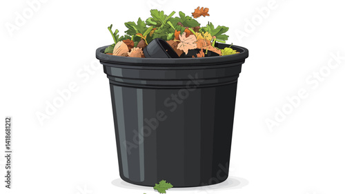 A high-angle, full shot depicts a dark gray cylindrical compost bin overflowing with a mixture of organic waste. The waste includes green leafy matter