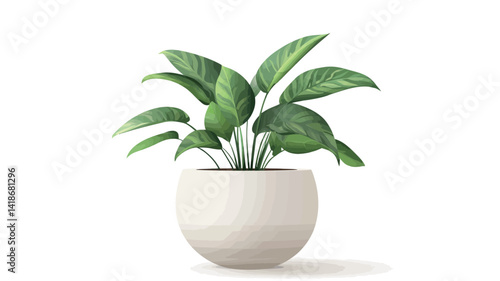 A high-resolution image showcases a vibrant Peace Lily (Spathiphyllum) plant potted in a sleek, minimalist white, round pot. The plant's rich, deep green leaves exhibit a smooth texture and glossy