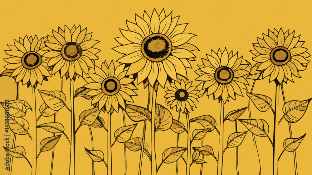 A sketch of a sunflower field with each petal delicately drawn as the artist takes time to appreciate the beauty of nature.. Vector illustration