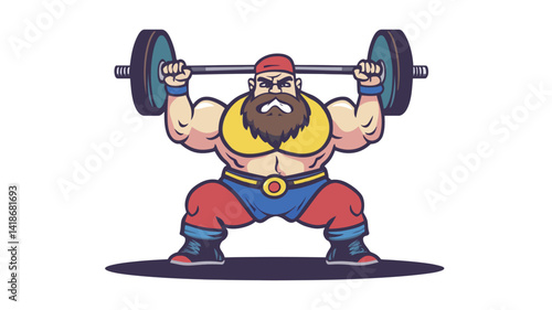 This digital illustration showcases a stylized cartoon character of a powerfully built bearded weightlifter performing a barbell shoulder press.