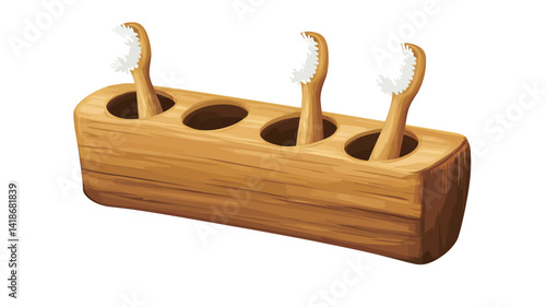 Close-up view of a rectangular wooden toothbrush holder featuring three individual compartments. Each compartment holds a toothbrush with a visible white head. The wood grain is visible