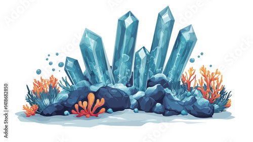 A digitally rendered illustration showcases a cluster of large, vibrant blue crystals emerging from a bed of dark, textured rocks.  The crystals exhibit a high degree of transparency a