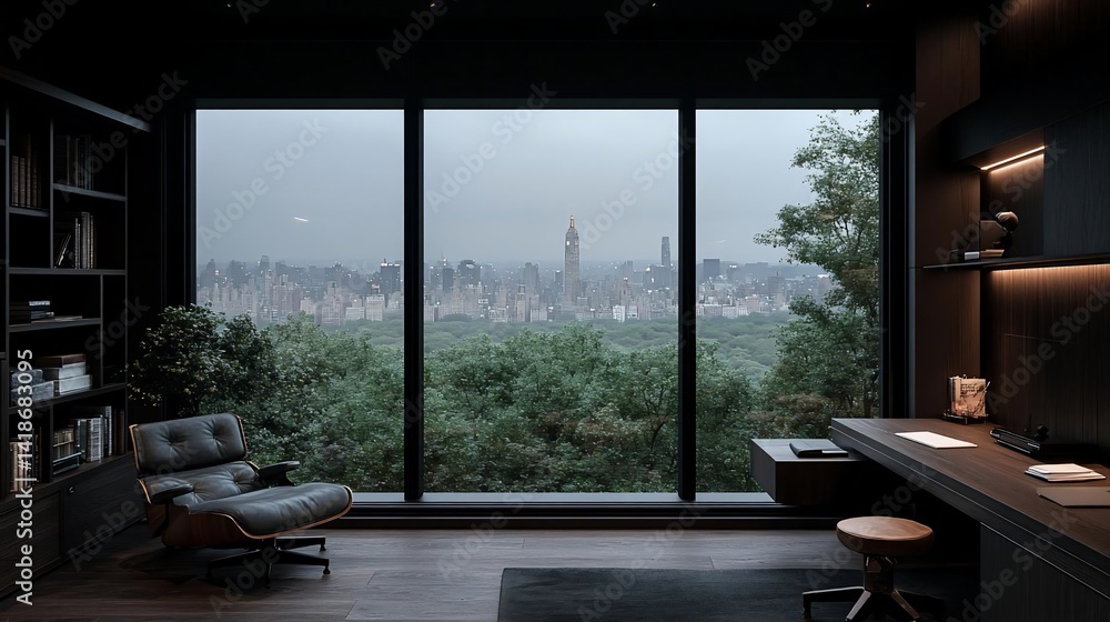 Interior view of a modern office space with a large window overlooking a cityscape, featuring a desk, chair, and bookshelf, with a focus on lighting and urban views Interior view of a modern office space with a large window overlooking a cityscape, featuring a desk, chair, and bookshelf, with a focus on lighting and urban views
