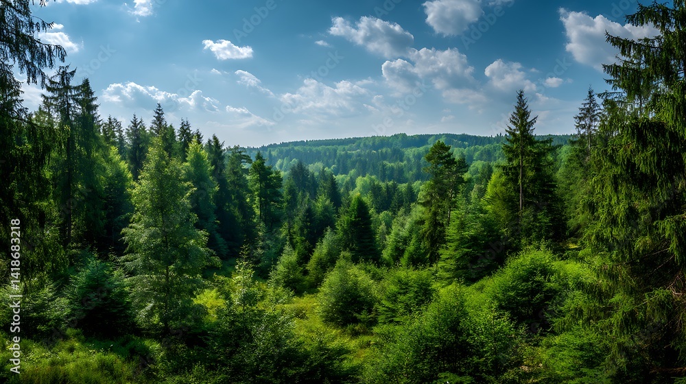Lush forest valley under a partly cloudy sky Lush forest valley under a partly cloudy sky