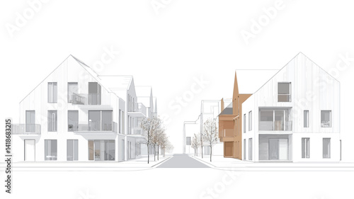 This architectural rendering showcases a stylized 3D model of two symmetrical modern townhouses situated on a narrow street. The houses are depicted in a minimalist style