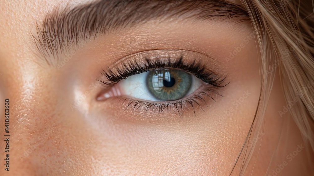 Close-up view of a radiant eye with a captivating green iris exhibiting subtle makeup and elegant eyelashes. The skin around the eye displays a soft, luminous texture Close-up view of a radiant eye with a captivating green iris exhibiting subtle makeup and elegant eyelashes. The skin around the eye displays a soft, luminous texture