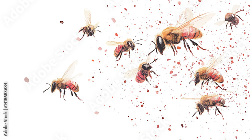 The image presents a dynamic high-resolution close-up of multiple honeybees in flight against a stark white background.  The bees exhibit various angles and positions