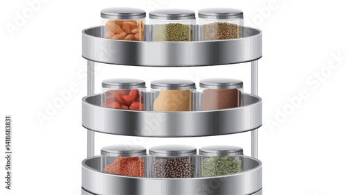 A studio shot depicts a three-tiered, circular, stainless steel spice rack on a white background. Each tier features several clear glass jars with visible spices and dried ingredients