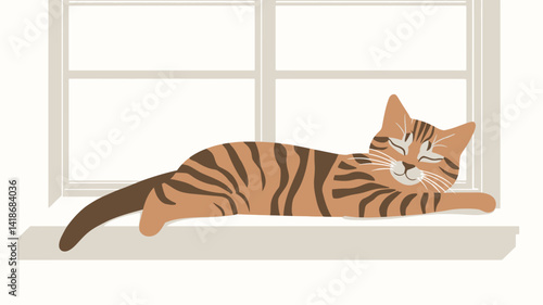 This vector illustration features a stylized orange tabby cat lying comfortably on a window sill, bathed in soft, diffused sunlight. The cat's posture is relaxed