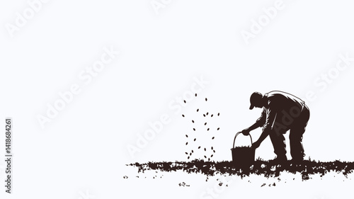 The image presents a minimalist monochrome silhouette of a person engaged in sowing seeds. The figure, rendered in dark brown against a stark white background