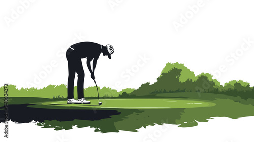 The image is a vector illustration depicting a golfer in a putting stance, viewed from a slightly elevated angle. The golfer is rendered as a dark silhouette against a vibrant green putting green