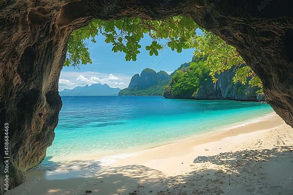 Obraz premium Hidden Paradise El Nido Philippines Tropical Beach Through Cave Opening On Sunny Day
