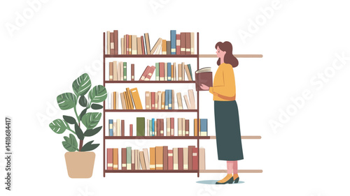 A digitally rendered illustration, executed in a minimalist flat design style, depicts a young woman selecting a book from a well-stocked, vertically oriented bookshelf.
