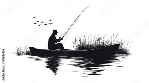 A high-contrast monochrome illustration depicting a solitary figure in a small boat, engaged in fishing. The subject is rendered entirely in silhouette