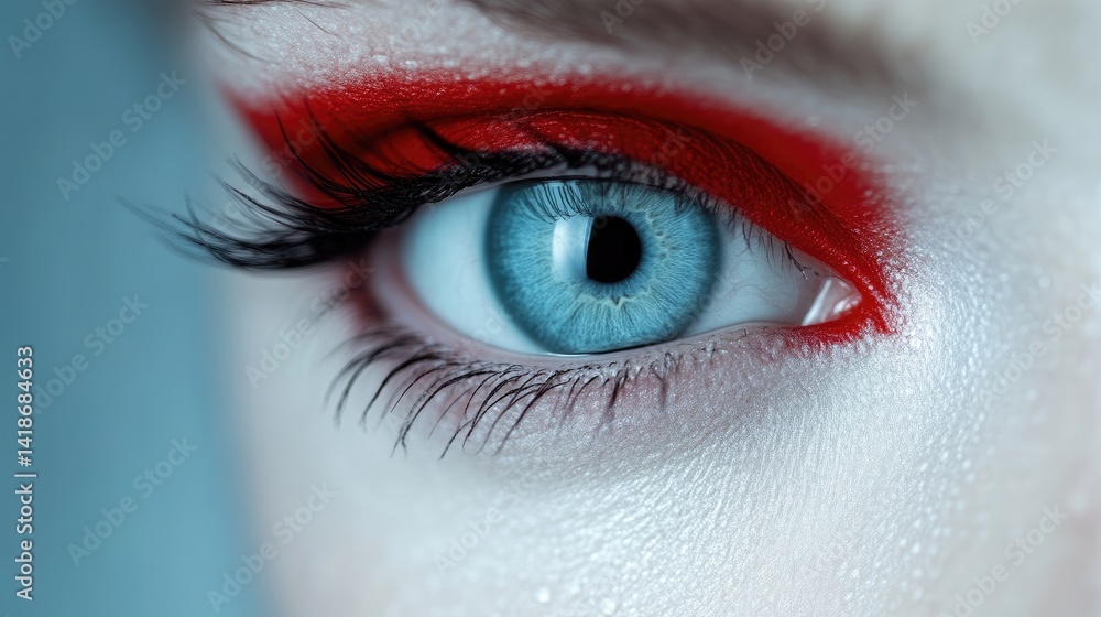 Obraz premium Close-up of a captivating eye with bold makeup. Intensely detailed makeup artistry featuring vivid red eyeshadow and eyeliner accents. The light blue eye stands out against the pale skin