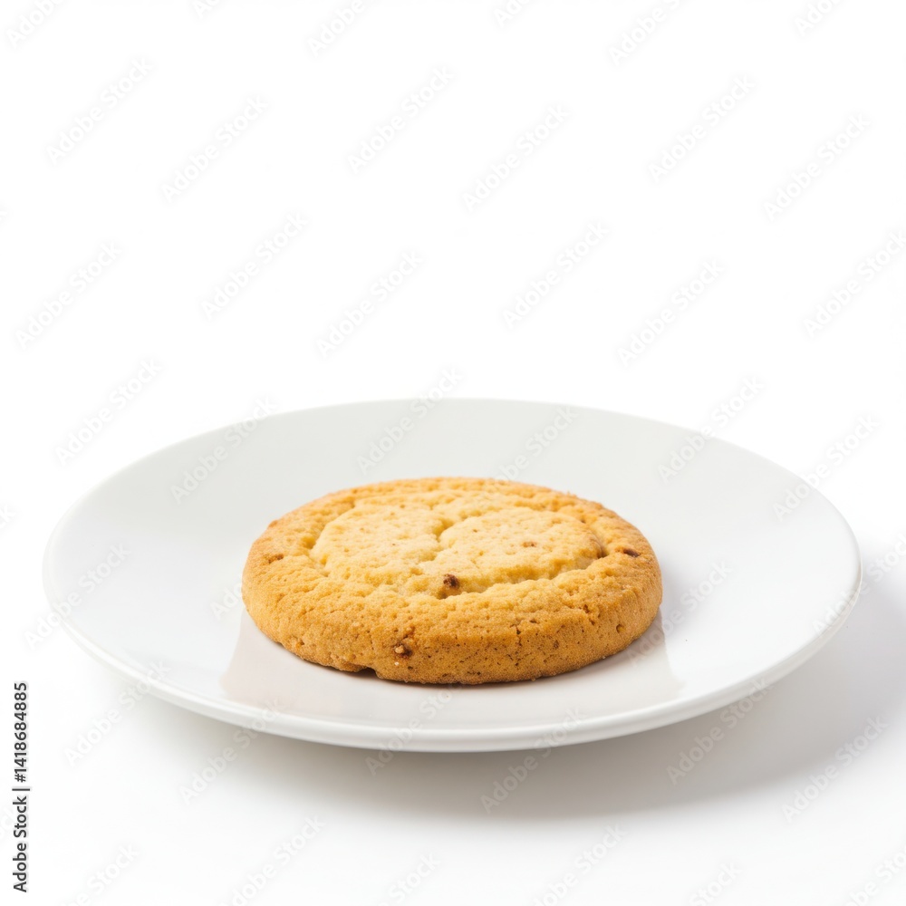 Single cookie resting centered on a plain round ceramic plate top isolated on white background Single cookie resting centered on a plain round ceramic plate top isolated on white background