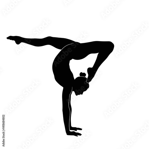 Silhouette of a flexible gymnast performing a handstand on white background  