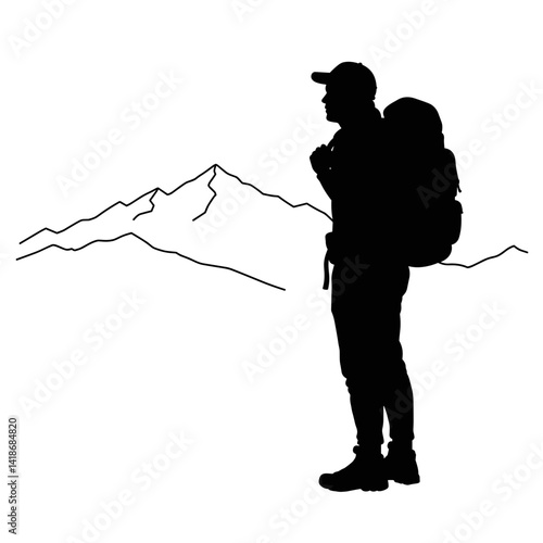 Silhouette of a hiker admiring mountains in a natural landscape  