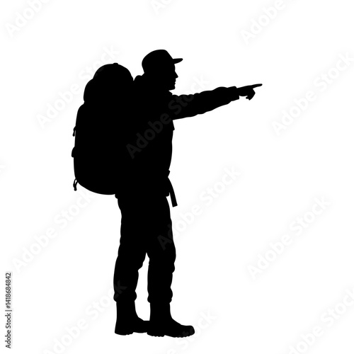 Silhouette of a hiker pointing direction against white background  