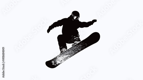 High-contrast monochrome image depicting a dynamic silhouette of a snowboarder mid-air, executing a jump. The snowboarder is rendered in stark black against a pure white background