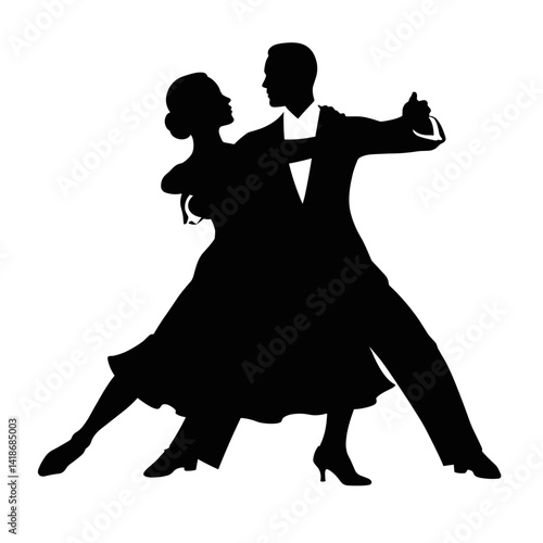 Elegant couple dancing tango in silhouette against white background  
