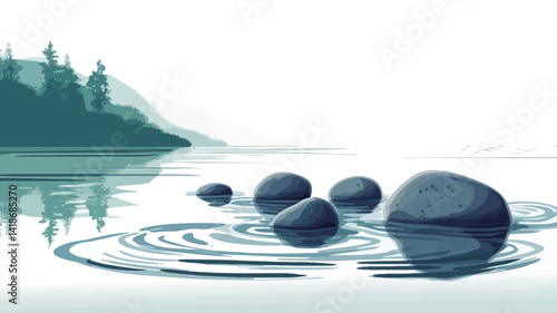 The image presents a minimalist illustration of five dark teal stones resting on the surface of a calm body of water.  Concentric ripples emanate from the stones