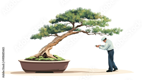 The image presents a digitally rendered illustration of a large bonsai tree in a wide, shallow brown pot, positioned slightly off-center. The tree's branches are meticulously detailed